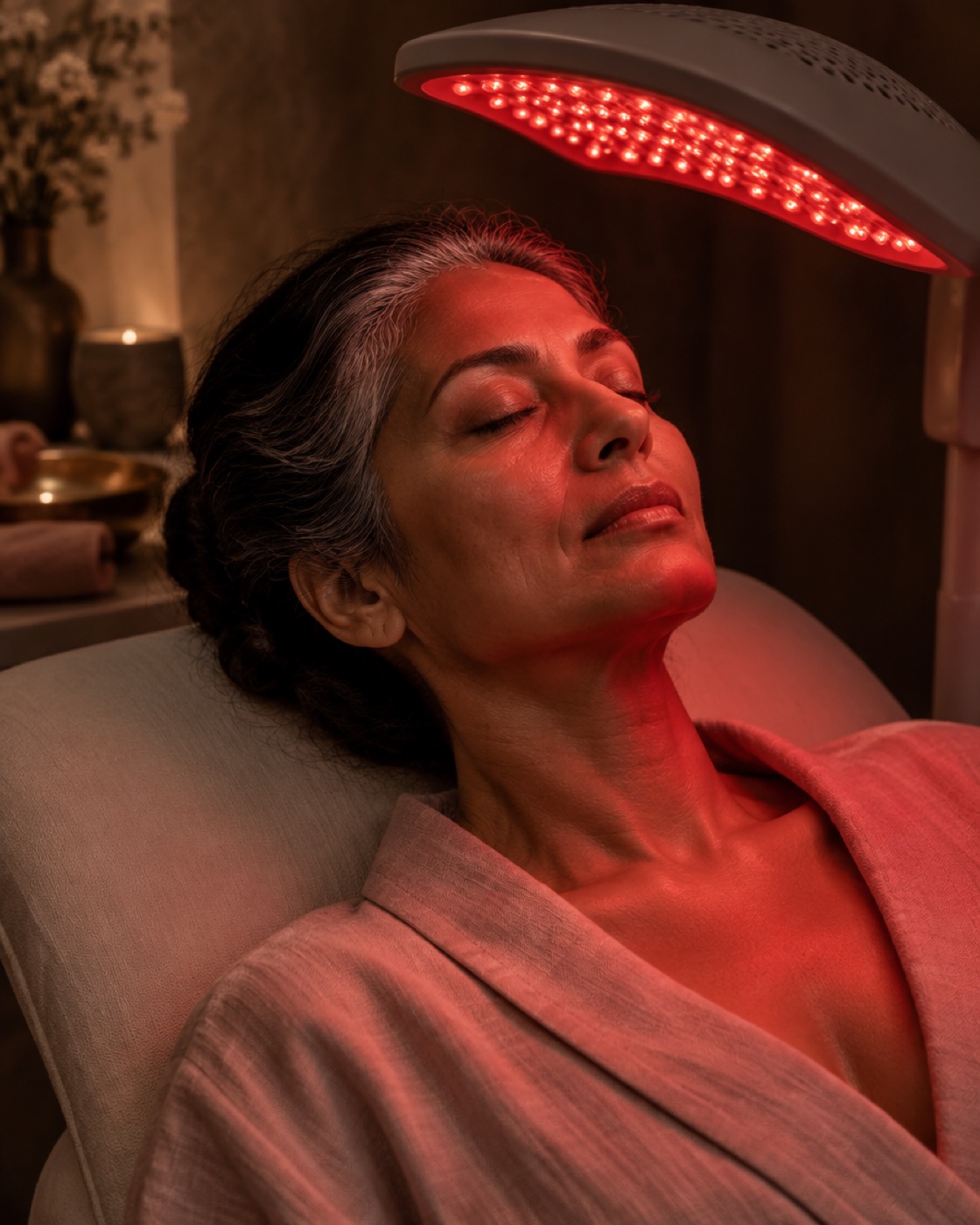 A woman with grey-streaked hair resting under a red LED facial light