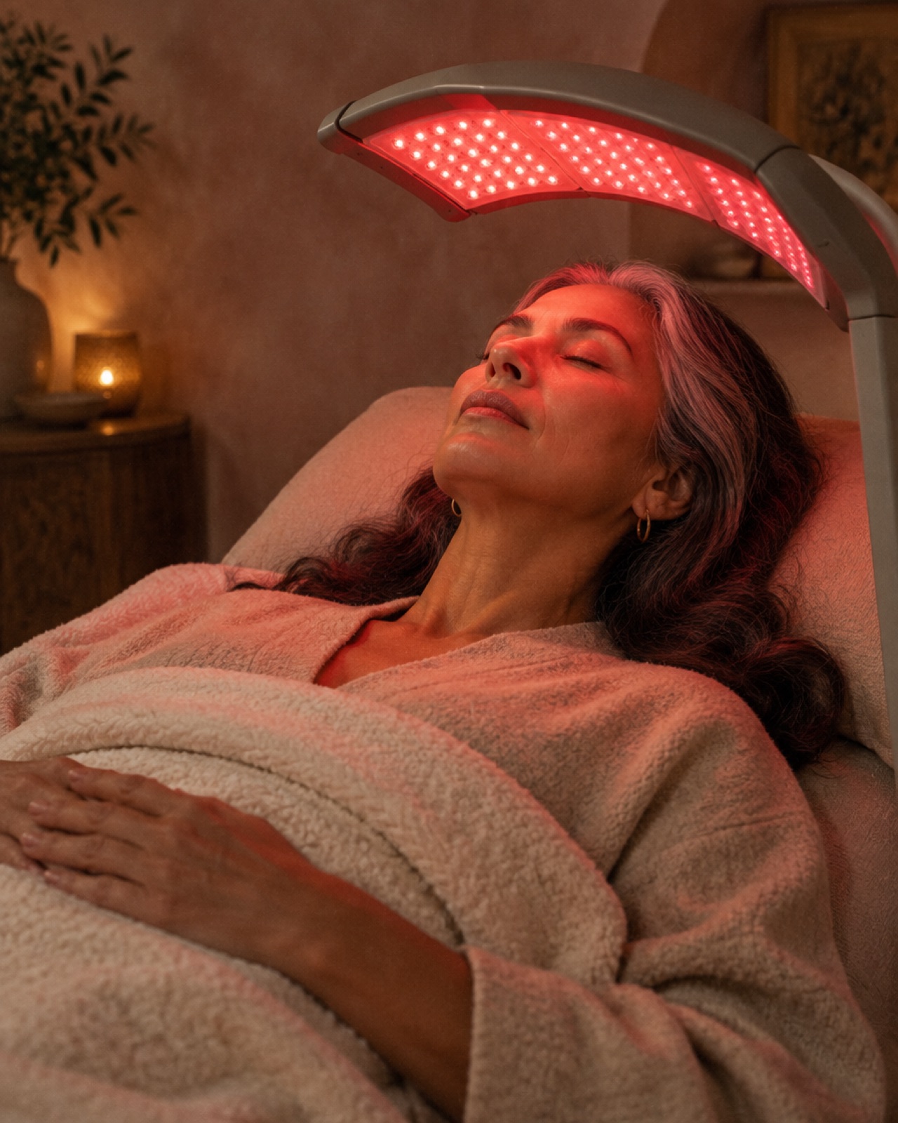 A Latina woman with silver-streaked hair resting with her eyes closed beneath soft red LED skin light panels