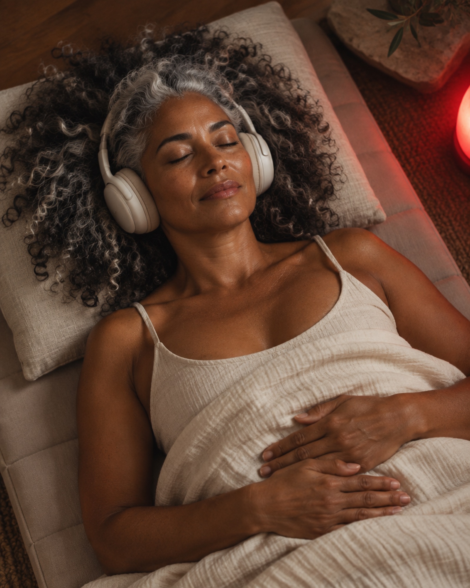 An Afro-Latina woman with silver curls resting with headphones on, warm red light beside her