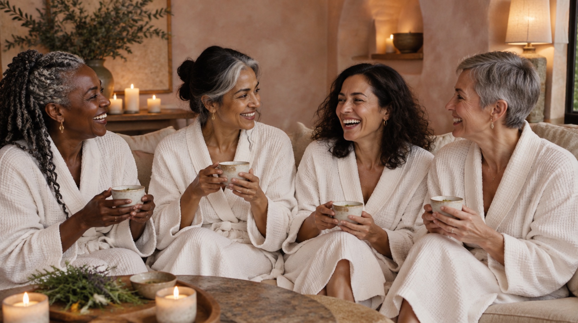 Four women of different backgrounds in white robes laughing together over herbal tea in a softly lit lounge